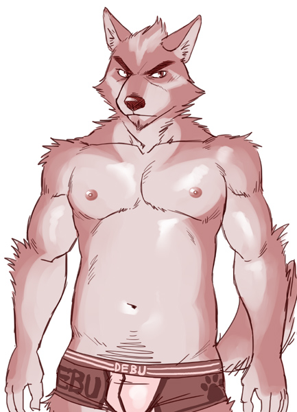 5_fingers anthro briefs canid canine canis clothed clothing domestic_dog e621 fingers front_view fur looking_at_viewer male mammal monochrome navel nipples red_and_white ryuta-h simple_background sketch skimpy solo tail topless underwear white_background