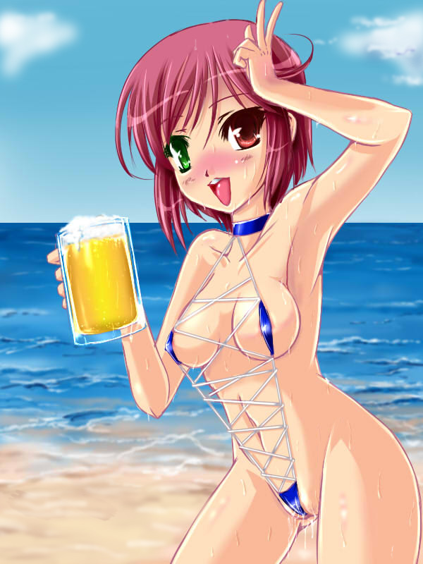 beer breasts brown_hair female green_eyes red_eyes rozen_maiden rule34 short_hair souseiseki swimsuit
