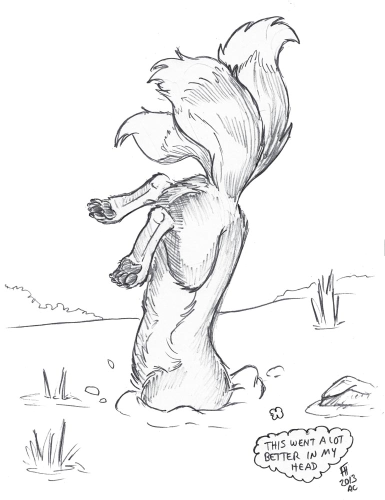 2013 ambiguous_gender black_and_white canid canine e621 english_text feral flinters fox mammal monochrome multi_tail snow solo stuck tail text thought_bubble