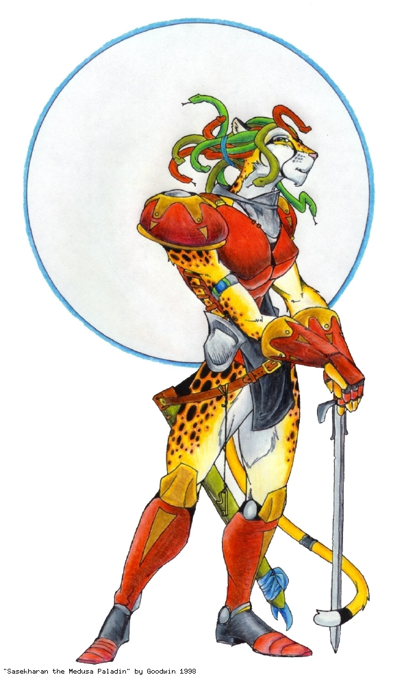 1998 anthro armor cheetah chris_goodwin e621 european_mythology felid feline female greek_mythology hybrid living_hair mammal medusa melee_weapon mythology pseudo_hair reptile scalie snake snake_hair solo sword tail warrior weapon