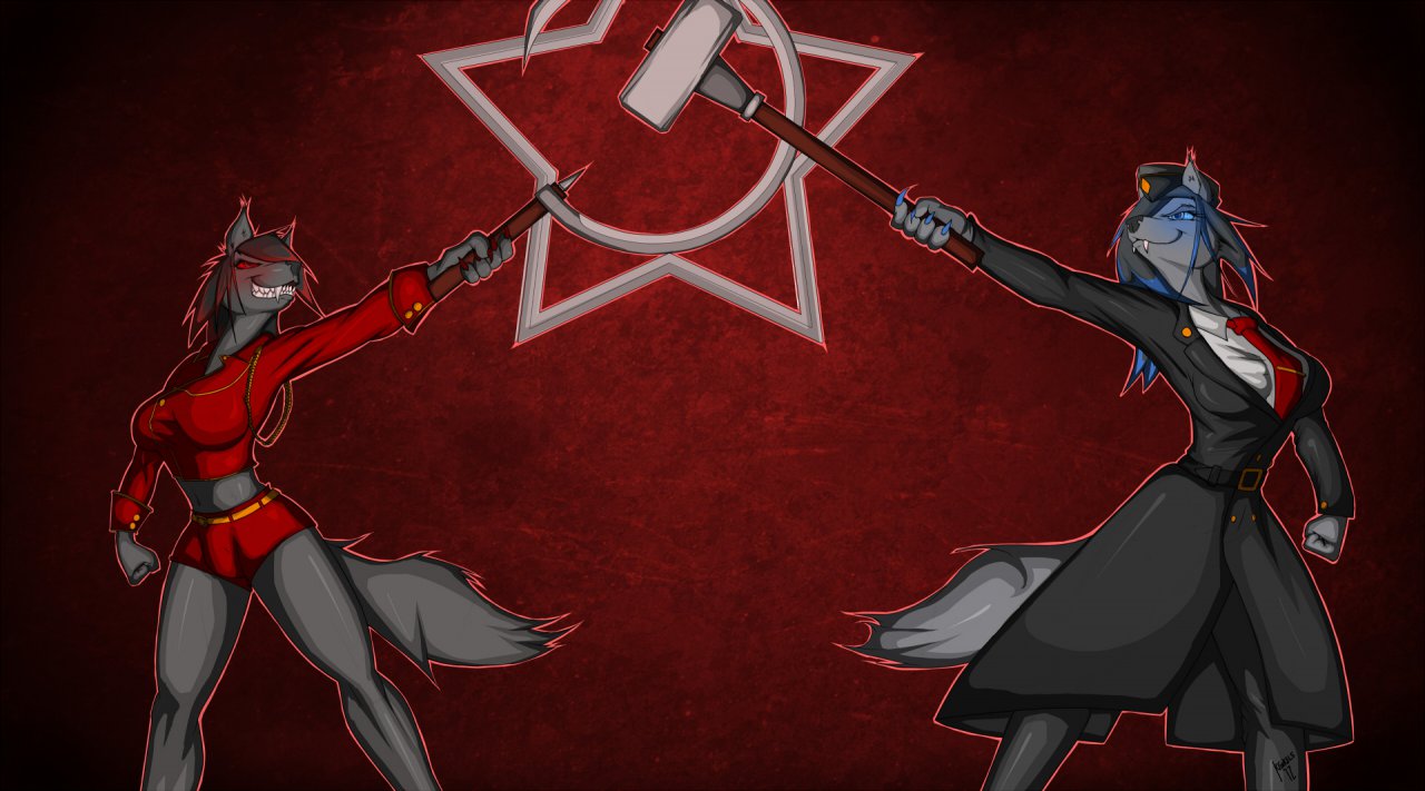 anthro blue_eyes canid canine canis communism duo e621 female fur grey_body grey_fur hammer_and_sickle krinkels mammal nakita politics red_background red_eyes reiane russian simple_background soviet_union star tail wolf