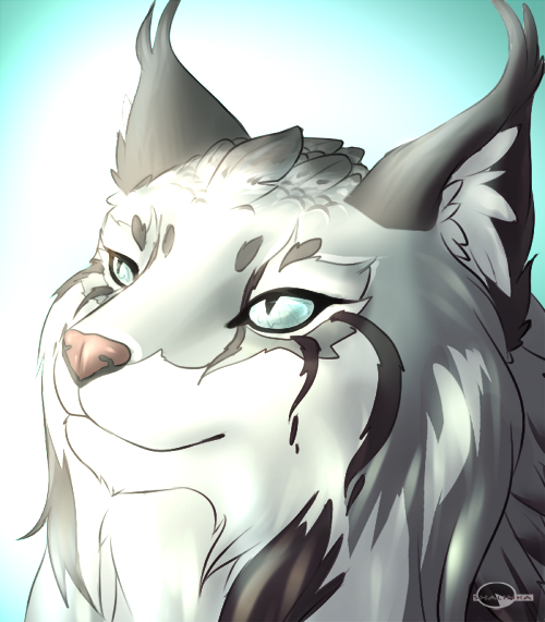 ambiguous_gender black_body black_fur blue_eyes e621 ear_tuft facial_markings felid feline feral fur gradient_background grey_body grey_fur head_markings headshot_portrait inner_ear_fluff light long_mouth looking_up lynx mammal markings no_sclera pink_nose portrait pupils shalinka simple_background slit_pupils snout solo sunlight tuft white_body white_fur