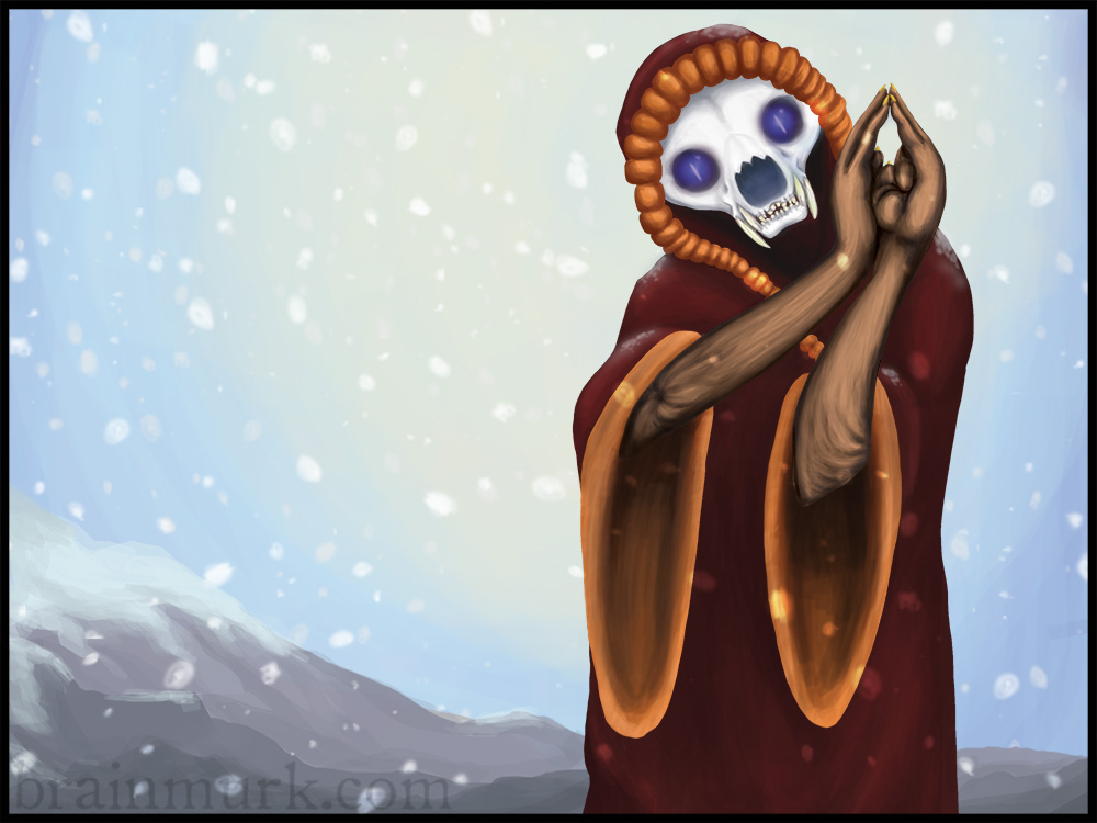 4:3 ambiguous_gender banrai bone clothing digital_media_(artwork) digital_painting_(artwork) e621 felid front_view glowing glowing_eyes half-length_portrait magic_user mammal outside painting_(artwork) portrait purple_eyes robe skeletal skull snow solo witch