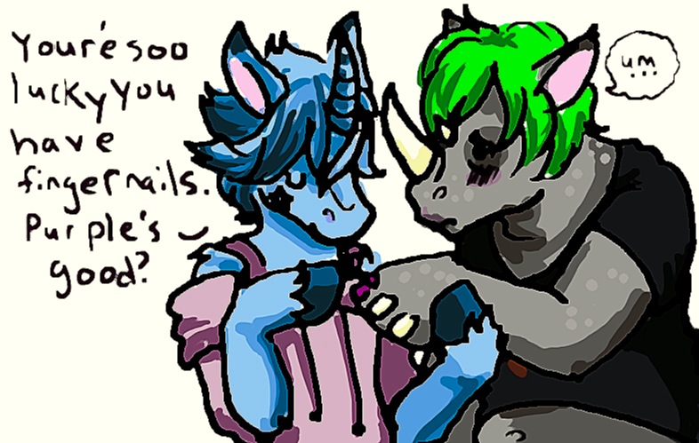 alternative_fashion ambiguous_gender anthro duo dylan_(the_worst_unicorn) e621 emo english_text gbs horn mammal rhinoceros simple_background text the_worst_unicorn what white_background