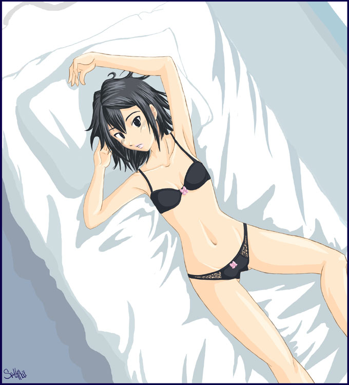 1girls asagi_asagiri bed breasts disgaea female hand_behind_head laying laying_on_bed lingerie makai_wars nippon_ichi_software rule34 short_hair small_breasts solo
