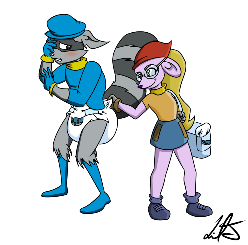 2012 anthro blush clean_diaper clothed clothing diaper diaper_bag duo e621 female folded_diaper liljdude male mammal mouse murid murine penelope_(sly_cooper) procyonid raccoon rodent sly_cooper sly_cooper_(series) sony_corporation sony_interactive_entertainment sucker_punch_productions wearing_diaper white_diaper