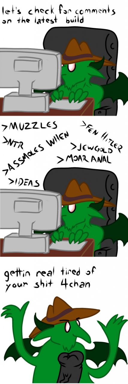 4chan adjatha animal_genitalia animal_penis antisemitism beard clothing comic computer corruption_of_champions demon e621 electronics english_text equine_genitalia equine_penis erection eyewear facial_hair fenimp_(coc) genitals glasses green_body green_skin hat headgear headwear hi_res horn imp male membrane_(anatomy) membranous_wings not_furry penis profanity solo text vein wings