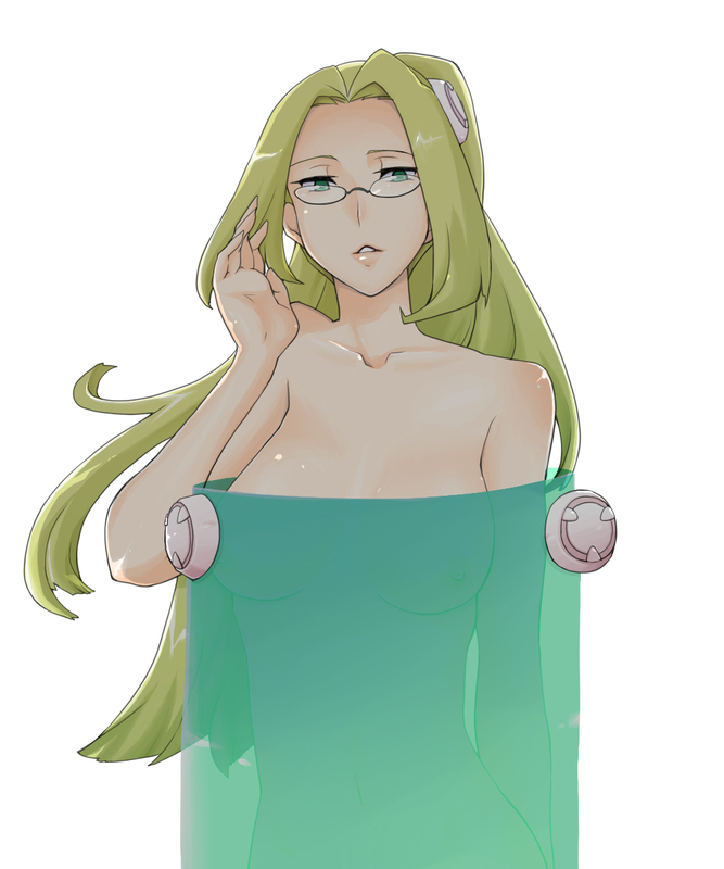 1girls ar_tonelico ar_tonelico_iii bare_shoulders censored female glasses green_eyes green_hair gust hair_ornament in_k long_hair nude rule34 silhouette solo yurishica