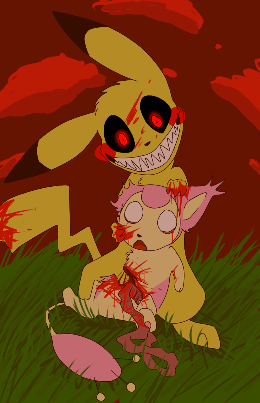 ambiguous_gender blood bodily_fluids brvr cleft_tail cloud crazygreenhyena creepy creepypasta death disembowelment dismemberment duo e621 empty_eyes felid feral fur generation_1_pokemon generation_3_pokemon gore grass grin grotesque grotesque_death guts hi_res horror_(theme) intestines looking_at_viewer mammal nintendo open_mouth organs outside pikachu pink_body pink_fur plant pokemon pokemon_(species) red_eyes red_sky rodent skitty sky smile soul_devouring_eyes tail teeth yellow_body yellow_fur