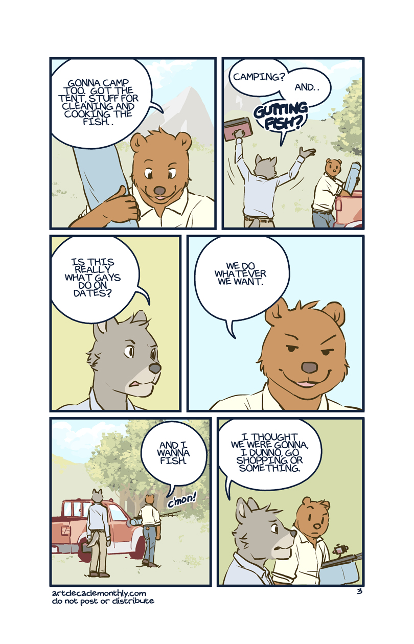 9:14 anthro artdecade barry_torres bear brown_bear brown_body brown_fur canid canine canis car clothed clothing comic dialogue digital_media_(artwork) do_not_distribute doug_(artdecade) duo e621 english_text exclamation_point fishing fur grey_body grey_fur grizzly_bear hi_res ice_cooler laugh male mammal open_mouth outside plant question_mark smile speech_bubble standing tail text tree truck url ursine vehicle wolf wood