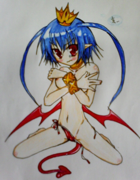 beige_skin blue_hair blush bracelet breasts closed_mouth color covering covering_breasts crown demon disgaea disgaea_1 embarrassed female female_only front_view hair kneeling laharl long_hair looking_at_viewer nippon_ichi_software open_eyes pointy_ears red_eyes rule34 rule_63 solo tears