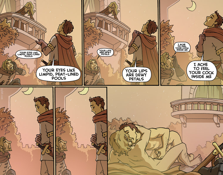 2boys armor beard blonde_hair brown_hair christian_de_neuvillette comic cyrano_de_bergerac embrace erect_nipples erection female funny gay holding_penis kissing male male_only nipples nude oglaf penis penis_size_difference roxane rule34 sword webcomic yaoi yaoi_with_female_audience
