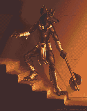 2005 aicaz aliasing anthro anubian_jackal anubis axe biped brown_and_white canid canine canis clothing copyright_symbol deity detailed detailed_background digital_media_(artwork) double_bitted_axe e621 egyptian egyptian_clothing egyptian_headdress egyptian_mythology full-length_portrait headdress headgear headwear holding_object holding_weapon jackal low_res male mammal melee_weapon middle_eastern_mythology mike-nash monochrome mythology nemes_(clothing) oekaki orange_theme pixel_(artwork) portrait restricted_palette sepia shendyt solo stairs standing standing_on_stairs symbol text tomb toony warm_colors warrior weapon