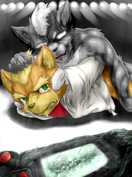 2011 anthro bodily_fluids canid canine canis crying device duo e621 forced fox fox_mccloud from_behind_position kemono male male/male mammal nintendo open_mouth rape sex sharp_teeth spotlight star_fox tears teeth unknown_artist wolf wolf_o'donnell
