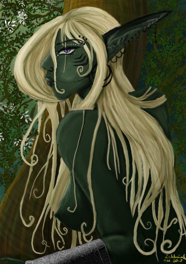 1girls 2010 blonde_hair breasts dark-skinned_female dark_skin drow dungeons_and_dragons ear_piercing earrings elf elf_ears elf_female female female_only half-drow half-elf nature nipples outdoor_nudity outdoors rule34 solo solo_female tagme tree