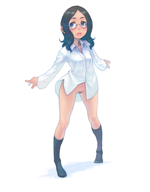 black_hair bottomless brown_eyes character_request dress_shirt female footwear glasses human long_hair naked_shirt original pubic_hair rule34 shirt simple_background socks solo standing uncensored weno