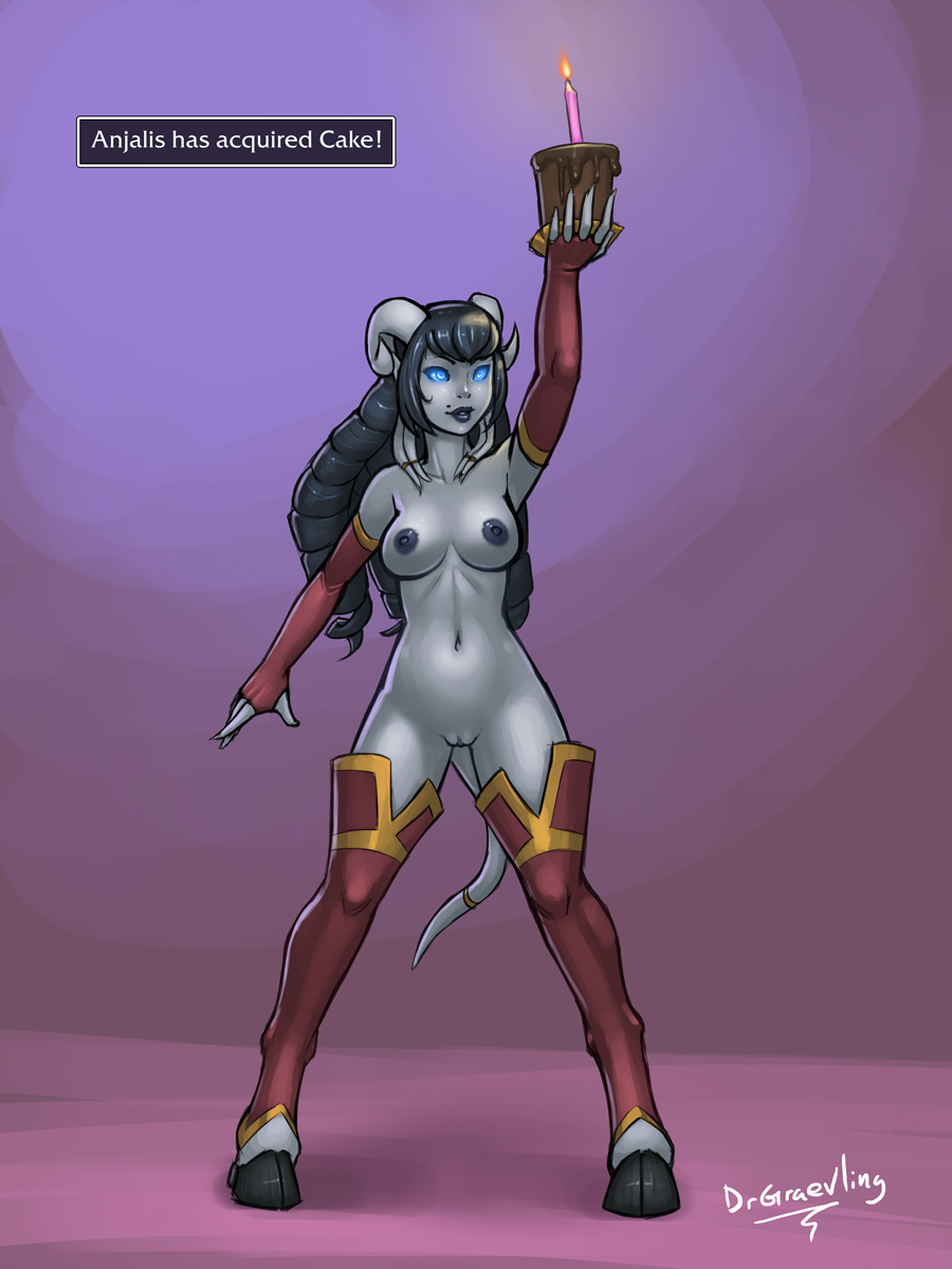 3:4 accessory anajlis black_hair blizzard_entertainment blue_eyes breasts cake dessert draenei drgraevling e621 female food furgonomics genitals glowing glowing_eyes hair hi_res hooves horn horned_humanoid humanoid humanoid_pointy_ears jewelry long_hair maplemoon navel nipples not_furry nude pointy_ears ring solo standing tail tail_accessory tail_jewelry tail_ring tailed_humanoid tentacles vulva warcraft