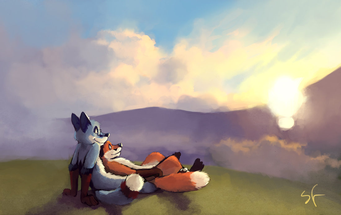 anthro canid canine civetstranj cloud cuddling detailed_background dipstick_tail duo e621 eyewear fox glasses high_place hill male mammal markings mountain outside romantic romantic_ambiance romantic_couple signature sky sunset tail tail_markings
