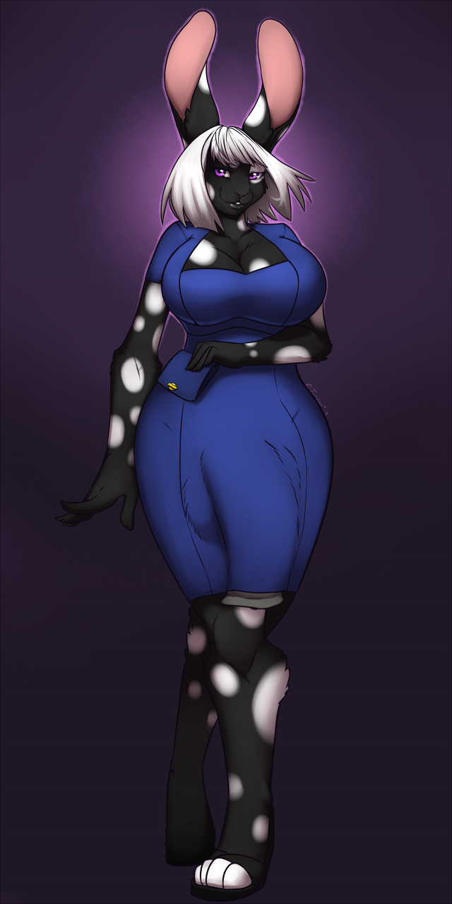 1:2 2013 animal_genitalia anthro big_breasts biped black_body black_fur breasts bulge claws cleavage clothed clothing clutch_(bag) dress e621 feet flaccid fur genitals gynomorph hair hi_res hindpaw hybrid intersex lagomorph leporid long_ears looking_at_viewer mammal paws penis pink_eyes purse rabbit short_hair smile solo standing syrae-universe white_body white_fur white_hair wide_hips