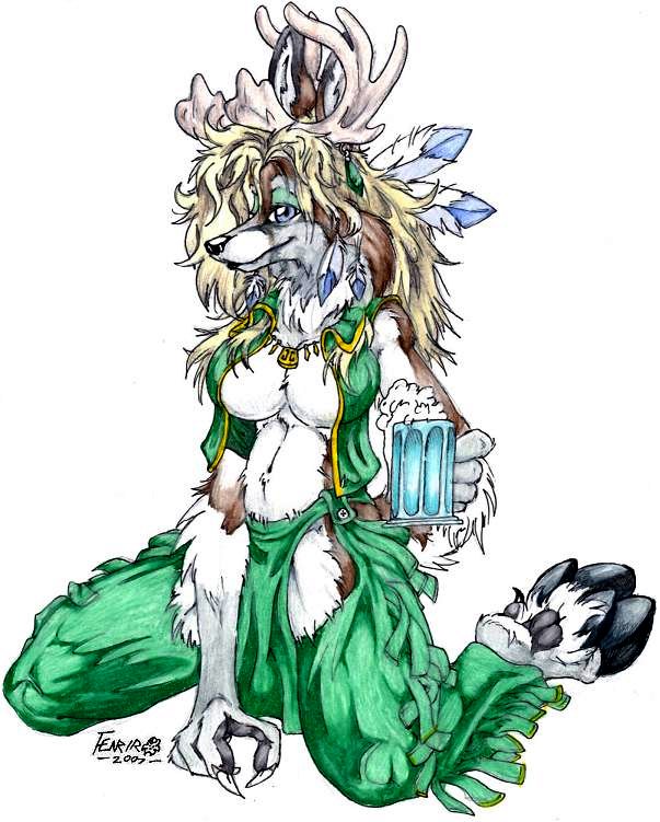 2007 alcohol anthro antlers beer beverage blonde_hair davy_(fenrir_lunaris) deer e621 eyeshadow feathers female fenrir_lunaris food green_eyeshadow hair hooves horn jewelry lips looking_at_viewer makeup mammal necklace simple_background sitting solo wariza white_background