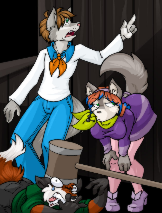 70s_clothing amber_williams anthro ascot banhammer bent_over canid canine canis clothed clothing countershading daphne_blake e621 female fox fred_jones gesture green_eyes group hammer hand_gesture hanna-barbera looking_away male male/female mammal maul musical_note musical_symbol open_mouth parody pointing raised_tail sage_freehaven scooby-doo_(series) sechs_fuckheaven shocked symbol tail tools wolf