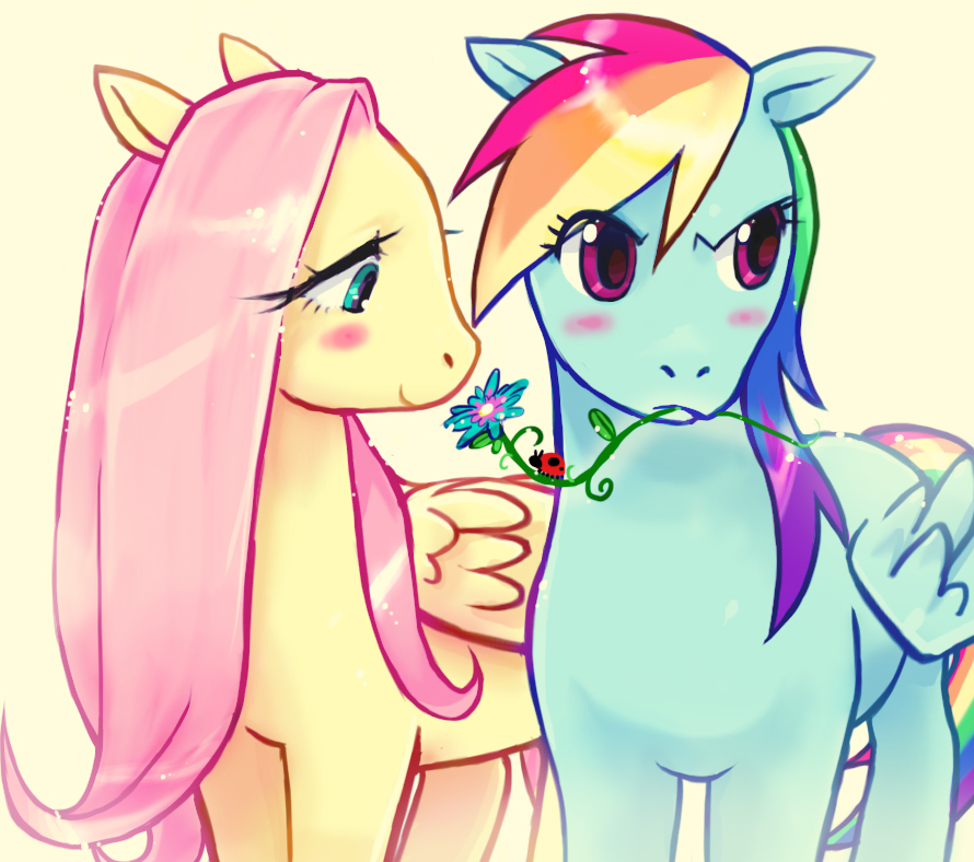 blue_body blue_feathers blue_fur blush duo e621 equid equine eyelashes feathered_wings feathers female feral flower fluttershy_(mlp) friendship_is_magic fur hair hasbro horse mammal multicolored_hair my_little_pony mythological_creature mythological_equine mythology pegasus plant pony quadruped rainbow_dash_(mlp) rainbow_hair simple_background tail toony unknown_artist wings yellow_body yellow_feathers