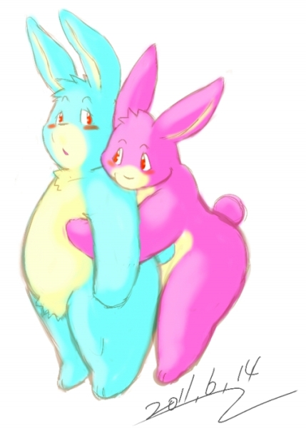 ambiguous_gender anthro armadirou blush duo e621 hug kemono lagomorph leporid mammal rabbit red_eyes simple_background standing