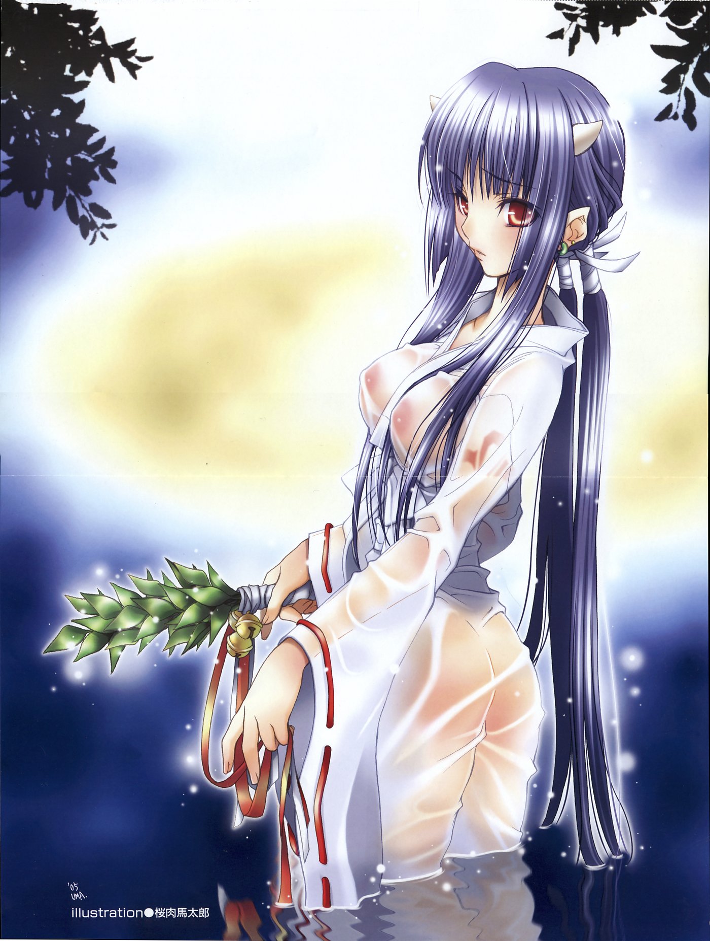 bells blue_hair female horns miko oppai pointy_ears red_hair rule34 sakuraniku_umatarou tagme water wet_clothes