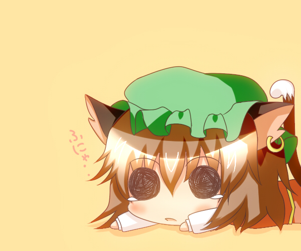 6:5 animal_humanoid black_eyes brown_hair cat_humanoid cat_tail chen_(touhou) clothing e621 ear_piercing felid felid_humanoid feline feline_humanoid female hair hat headgear headwear humanoid japanese_text jewelry mammal mammal_humanoid noiz piercing short_hair simple_background solo soul_devouring_eyes text touhou