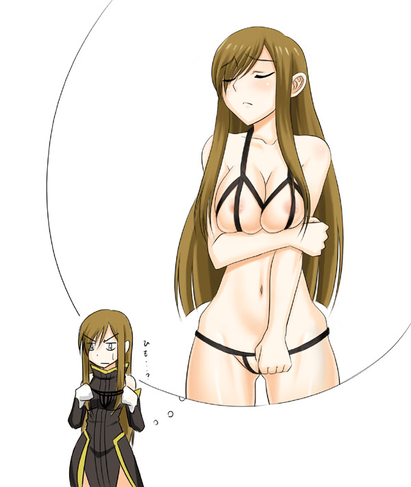 areola_slip areolae bikini breast_hold breasts brown_hair closed_eyes covering covering_crotch crotchless_swimsuit dream dreaming dual_persona female female_only hair_over_one_eye imagining long_hair micro_bikini multiple_females multiple_girls pointy_chin rule34 shunzou swimsuit tales_of_(series) tales_of_the_abyss tear_grants thinking