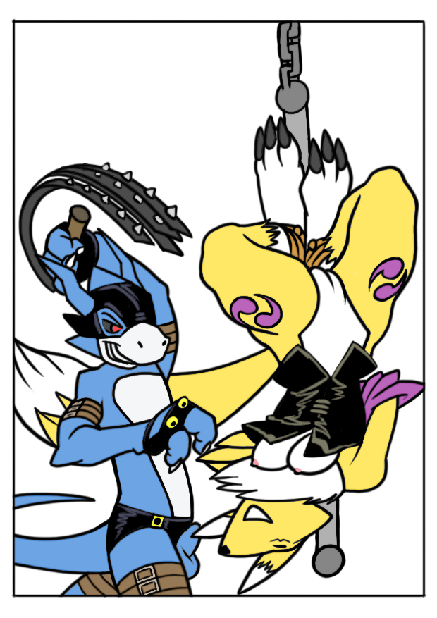 3_toes anthro anthro_on_anthro armband armwear balls bandai_namco bdsm black_sclera blue_balls blue_penis bondage bound breasts bridal_gauntlets canid canine chest_tuft clothing comic corset digimon digimon_(species) dominant dominant_male duo e621 eyes_closed feet female fingerless_gloves flamedramon fur gadonstriom genitals gimp_mask gloves grin hands_behind_back handwear legband legs_tied lingerie male mammal mask nanogrrr nipples nude penis red_eyes renamon rope scalie simple_background smile submissive submissive_female suspension tail toes topwear tuft upside_down vulva whip white_background white_body white_fur yellow_body yellow_fur