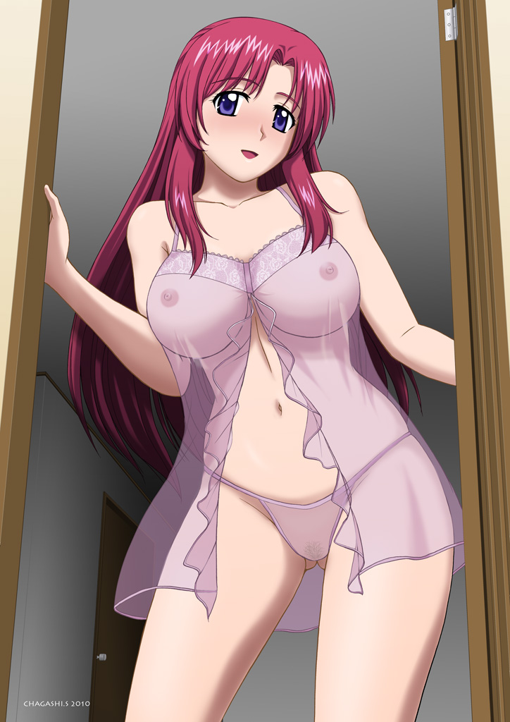 blush breasts curvy female hair kazami_mizuho large_breasts lingerie long_hair navel nipples onegai_teacher open_mouth panties pink_hair pubic_hair purple_eyes purple_panties purple_thong rule34 satou_chagashi see-through smile solo teacher underwear