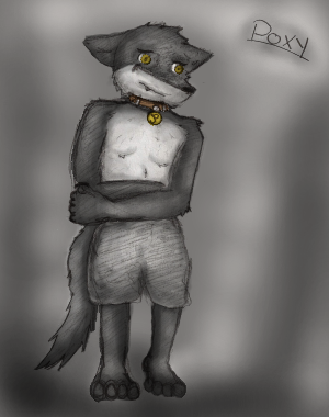 4_toes anthro barefoot biped bottomwear canid canine canis clothed clothing collar digital_media_(artwork) e621 feet fur greyscale huskeee low_res male mammal monochrome multicolored_body multicolored_fur poxy_(artist) shorts solo standing tail toes topless two_tone_body two_tone_fur white_body white_fur wolf