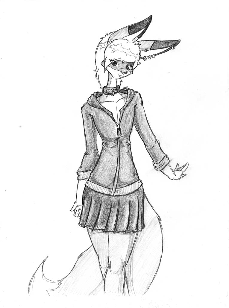 5_fingers anthro biped bottomwear buckteeth canid canine clothed clothing collar collarbone cross crossdressing crossed_legs dipstick_ears dipstick_tail dress e621 ear_markings ear_piercing femboy fingers fox front_view fully_clothed fur greyscale hair jacket long_ears looking_at_viewer male mammal markings monochrome multicolored_ears multicolored_tail patches_namaki piercing simple_background sketch skirt solo standing tail tail_markings teeth topwear white_background