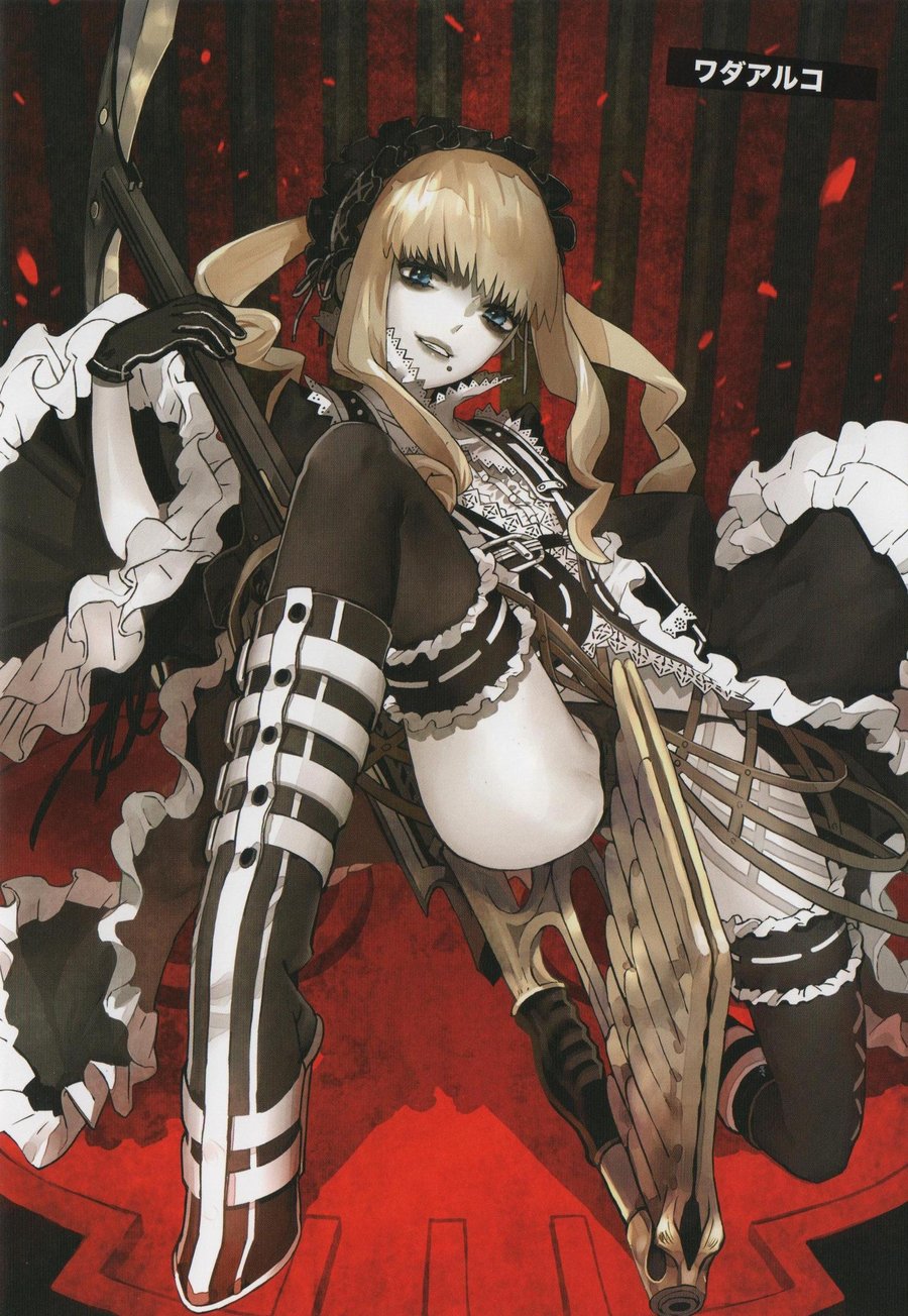 between_legs black_panties blonde_hair blue_eyes boots clothed_masturbation clothing dress female gloves goth gothic_lolita margaret_moonlight masturbation masturbation_through_clothing mole mole_under_mouth no_more_heroes official_art panties rule34 tagme weapon white_skin