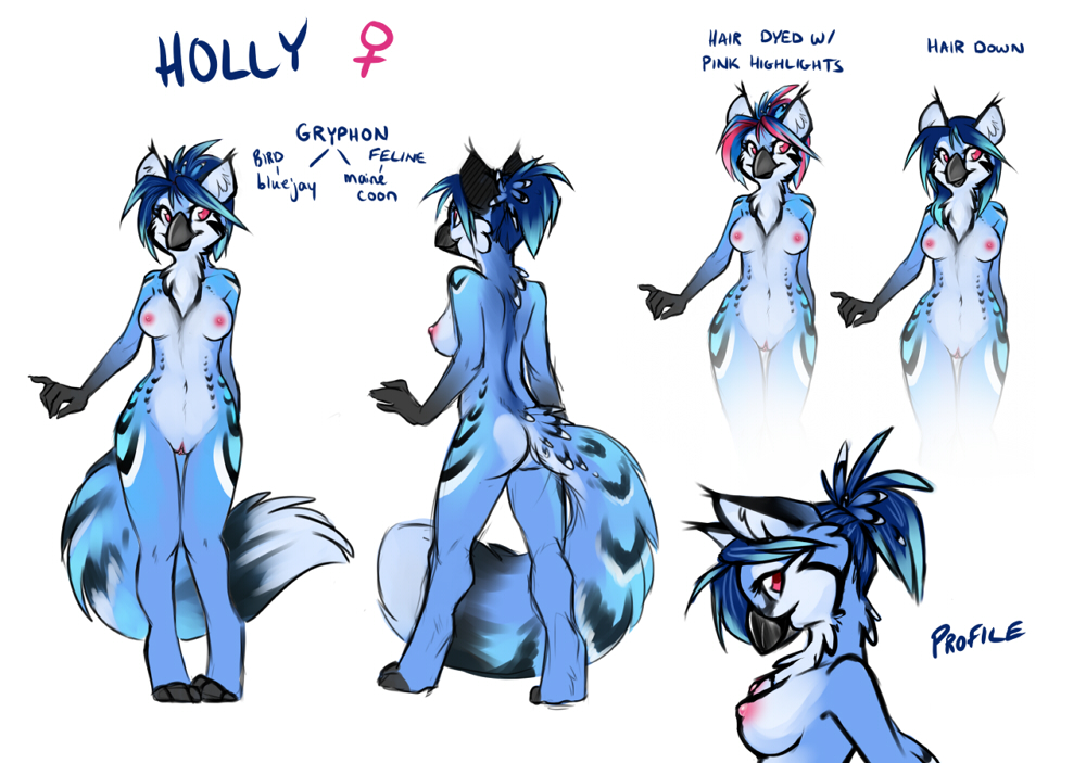 anthro avian beak biped bird black_beak blue_hair blue_jay breasts butt casual_nudity corvid demicoeur digital_media_(artwork) domestic_cat e621 english_text felid feline felis female fluffy fluffy_tail genitals gryphon hair holly_(demicoeur) jay_(bird) long_tail maine_coon mammal model_sheet multicolored_hair mythological_avian mythological_creature mythology new_world_jay non-mammal_breasts nude oscine passerine perky_butt pink_hair side_view simple_background smile solo standing tail text two_tone_hair vulva white_background