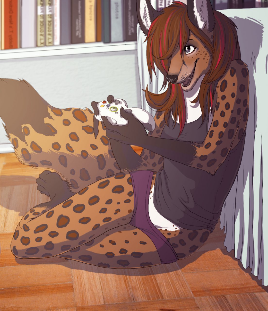 anthro arms_bent bent_legs black_clothing black_shirt black_topwear book canid canine clothing controller dirtybird e621 female fennec_fox fox game_controller gaming hair hair_over_eye hi_res holding_controller holding_game_controller holding_object hybrid hyena mammal microsoft one_eye_obstructed panties playing_video_game quynh shirt skinny solo spotted_hyena tail tank_top topwear true_fox underwear xbox xbox_360 xbox_360_controller xbox_controller xbox_game_studios