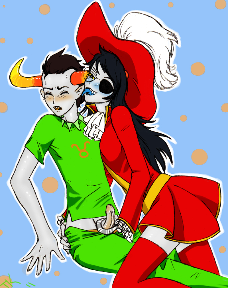 1boy 1girls 2011 artist_request artist_signature black_hair blue_background captain_hook_(cosplay) closed_eyes clothing cosplay dubious_consent eye_patch female glasses grey_skin handjob hat homestuck hook horns licking long_hair male ms_paint_adventures open_mouth pants_down penis peter_pan_(disney) pointy_ears rule34 sharp_teeth short_hair source_request straight tavros_nitram tongue tongue_out troll vriska_serket webcomic yellow_eyes