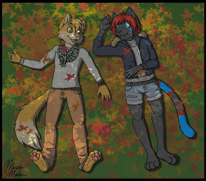 4_toes ambiguous_gender anthro autumn black_body black_fur black_nose blonde_hair blue_body blue_eyes blue_fur clothed clothing digitigrade domestic_cat duo e621 eye_contact feet felid feline felis fur hair happy hybrid imeow leaf looking_at_another lying mammal on_back open_mouth outside pawpads paws red_body red_fur red_hair reizo shikakaka tail toes yellow_body yellow_eyes yellow_fur