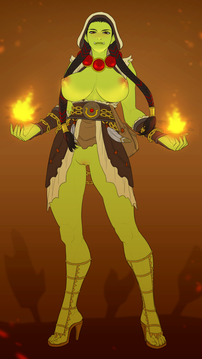 antimo areolae black_hair braid breasts breasts_out brown_eyes curvy feet female female_only footwear full_body functionally_nude green_skin hairless_pussy highres hood humanoid large_breasts long_hair magic necklace nipples no_bra no_panties orc orc_(warcraft) orc_female orc_shaman puffy_nipples pussy rule34 rule_63 sandals shaman shaman_(warcraft) solo solo_female standing thrall tits toes tusks twin_braids very_long_hair world_of_warcraft
