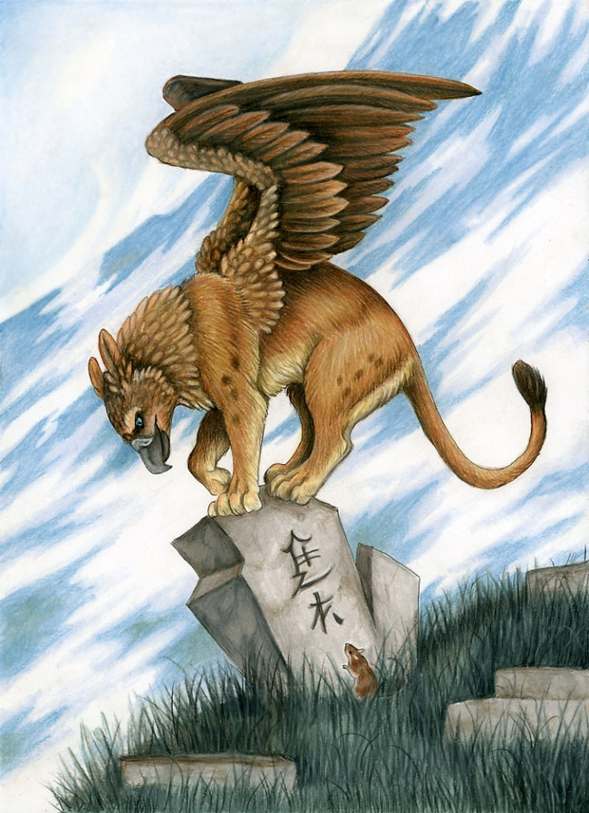 ambiguous_gender avian beak cloud detailed detailed_background duo e621 feathered_wings feathers feral full-length_portrait grass gryphon ladyjekyll mammal mouse murid murine mythological_avian mythological_creature mythology plant portrait realistic rodent tail text traditional_media_(artwork) unknown_text wings