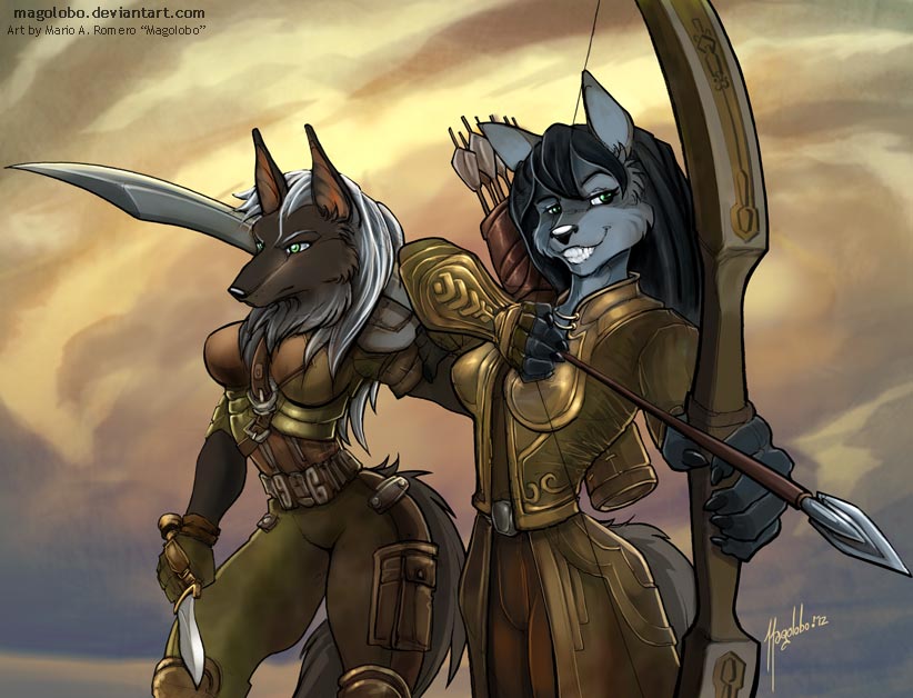 2012 aiming anthro anubian_jackal archer armor arrow_(weapon) bow_(weapon) breasts canid canine canis duo e621 fantasy female green_eyes holding_melee_weapon holding_object holding_sword holding_weapon jackal knife magolobo mammal melee_weapon quiver_(object) ranged_weapon smile sword tail text url warrior weapon wolf