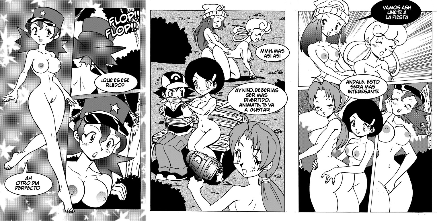 dawn_(pokemon) delia_ketchum_(pokemon) female human human_only johanna_(pokemon) milf monochrome multiple_females multiple_girls nurse_joy officer_jenny_(pokemon) pokemon rule34 satoshi_(pokemon) spanish_text