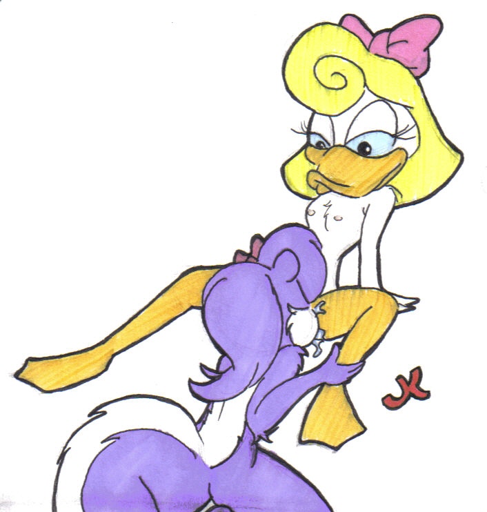 2girls anthro black_eyes blonde_hair duck female fifi_la_fume furry jk licking loon multiple_females multiple_girls no_humans rule34 shirley_the_loon skunk soft_feathers tiny_toon_adventures yuri