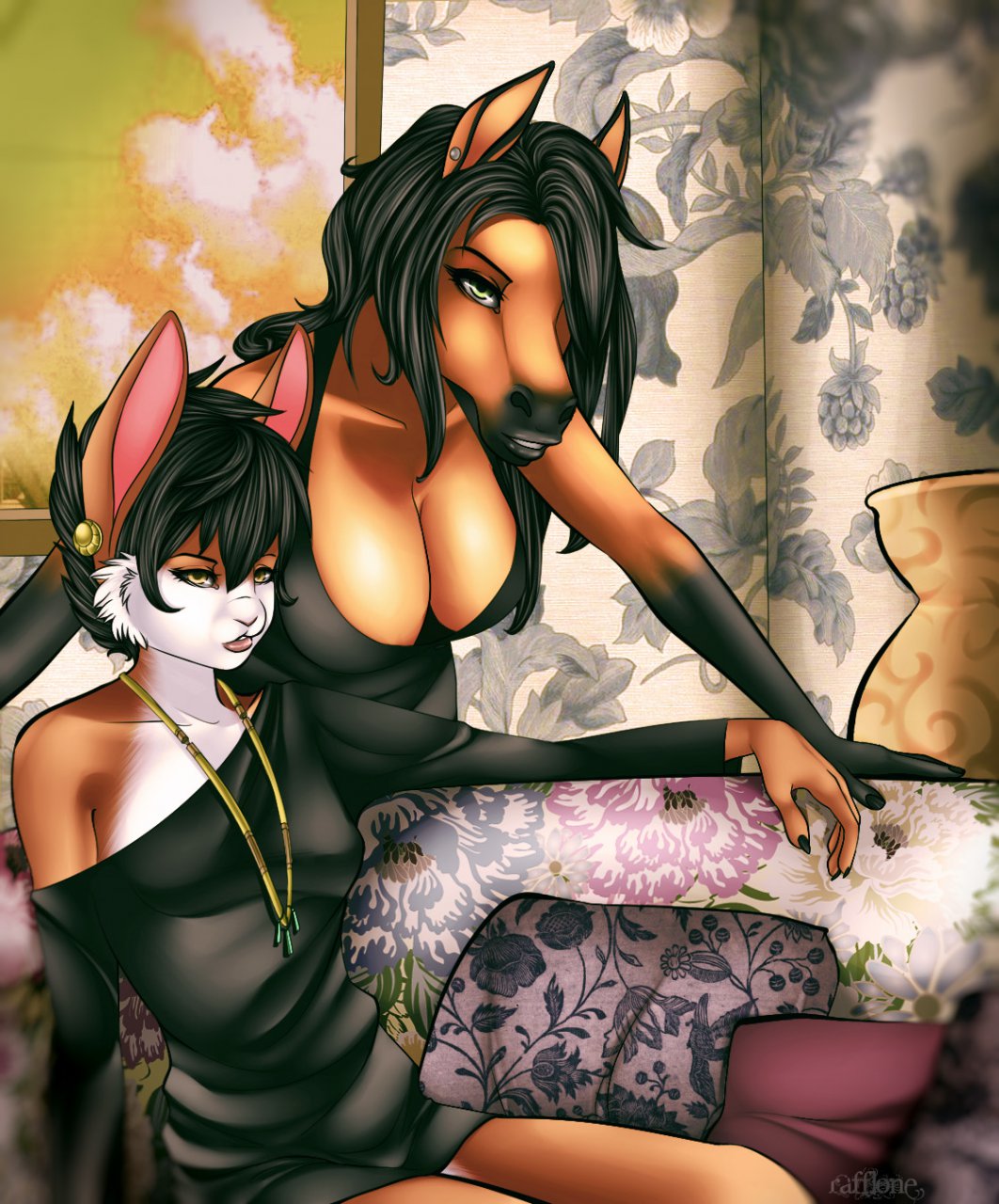 anthro big_breasts black_hair breasts classy cleavage clothed clothing detailed_background dress duo e621 ear_piercing equid equine female green_eyes hair hi_res horse jewelry lagomorph leporid long_ears long_hair looking_at_viewer mammal necklace piercing rabbit rafflone short_hair soomiko sophie_(sophie-d)