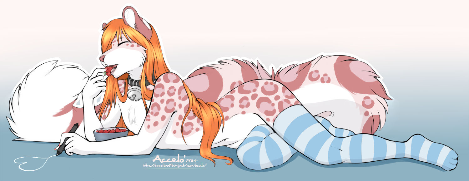 2014 accelo accelo_(character) anthro bell bell_collar biped blue_clothing blue_legwear clothed clothing collar colored_nails creating_art crossdressing digital_media_(artwork) drawing_(action) e621 eating eyes_closed felid femboy fluffy fluffy_tail food footwear fruit full-length_portrait fur hair heart_symbol holding_food holding_object legwear leopard_spots long_hair long_tail lying male mammal markings nails nude on_side orange_hair pantherine pattern_clothing pattern_legwear pink_body pink_fur pink_markings pink_nails pink_spots plant portrait reclining round_ears side_view snow_leopard socks solo spots strawberry striped_clothing striped_legwear stripes stylus tail thigh_highs thigh_socks toe_socks white_body white_fur