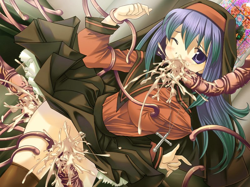 1girls blue_eyes blue_hair blush bukkake church clothed_sex clothing cross cum cum_in_mouth cum_in_pussy cum_inside double_penetration dutch_angle fellatio female forced_oral hair internal_cumshot long_hair nipple_tweak nun open_mouth oral penetration pussy rape restrained rule34 skirt skirt_lift slime spread_legs tentacle vaginal_penetration
