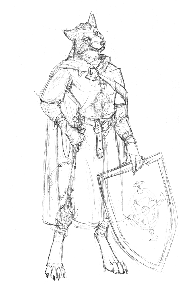 anthro canid canine canis digitigrade e621 graphite_(artwork) greyscale ironclaw_(rpg) male mammal monochrome paladin s'allumer scott_ruggels shield sketch solo traditional_media_(artwork) wolf