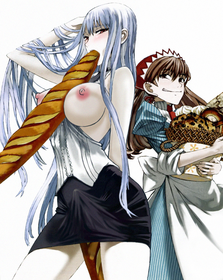 alicia_melchiott between_breasts blush bread breasts clothing female food_between_breasts huge_breasts large_breasts long_hair nipples red_eyes rule34 selvaria_bles silver_hair skirt valkyria_chronicles valkyria_chronicles_1