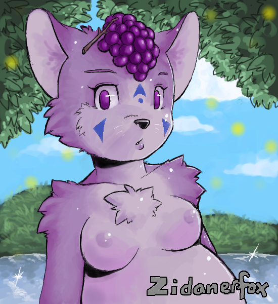 anthro breasts chest_tuft cloud detailed_background digital_media_(artwork) domestic_cat e621 felid feline felis female food forest fruit fur grape mammal nipples nude oekaki outside plant purple_body purple_eyes purple_fur sky solo tree tuft wood zidanerfox